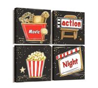 CXHOSTENT Home Theater Wall Decor Movie Canvas Wall Art 4 Pieces Movie Night Pictures Vintage Film Reel Popcorn Print Media Cinema Wall Decor Framed (40x40cmx4)