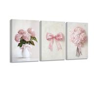 CXHOSTENT Hydrangea Wall Art 3 Pieces Pink Floral Canvas Prints Cute Bow Painting Vintage Flowers Pictures for Girl Bedroom Decor Framed (Pink, 11x14inchx3 Pieces)