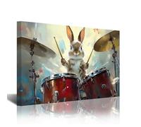 CXHOSTENT Jazz Bunny Canvas Wall Art Easter Picture Funny Rabbit with Drum Poster Prints Whimsical Music Wall Decor for Nursery Kids Room Framed (Blue, 16L x 24W)