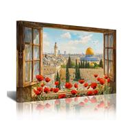 CXHOSTENT Jerusalem Canvas Wall Art Watercolor Mosque Paintings Islamic Architecture Art Prints Spiritual Cultural Wall Decor for Muslim Home Office Framed (Brown, 16L x 24W)