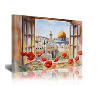 CXHOSTENT Jerusalem Canvas Wall Art Watercolor Mosque Paintings Islamic Architecture Art Prints Spiritual Cultural Wall Decor for Muslim Home Office Framed (Red, 16L x 20W)