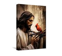CXHOSTENT Jesus Canvas Wall Art Bird In The Hands Of Jesus Canvas Prints Cardinal Picture Christian God Posters for Farmhouse Decor Framed (30.00 x 45.00 cms)