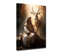 CXHOSTENT Jesus Canvas Wall Art Jesus and Deer Pictures Prints Christian Spiritual Painting Deer God Poster for Church Art Wall Decor Framed (Jesus-3, 30.00 x 45.00 cms)