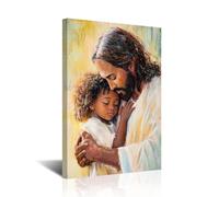 CXHOSTENT Jesus with Child Picture Christian Wall Art God Holding Black Kid Canvas Prints Religious Painting Christ Nursery Wall Decor for Children's Room Framed (Yellow, 24L x 16W)