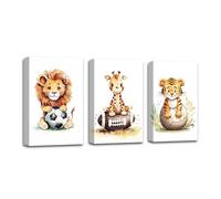 CXHOSTENT Jungle Animals Nursery Wall Decor 3 Pieces Lion Giraffe Tiger with Football Canvas Prints Watercolor Animal Posters Baby Kid Boy Sports Decor (Animal-2, 30.00 x 40.00 cms x 3PCS)