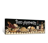 CXHOSTENT Kitchen Canvas Wall Art Bon Appetit Picture Vintage Dining Room Decor Wine Bread Fruit Print Retro Food Posters Kitchen Decor Framed (20L x 60W cm)