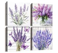 CXHOSTENT Lavender Canvas Wall Art 4 PCS Purple Floral Wall Decor Rustic Flower Pictures Print Botanical Poster Country Living Room Bathroom Decor Framed (40x40cmx4)