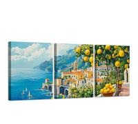 CXHOSTENT Lemon Tree Wall Art 3 PCS Coastal Landscape Canvas Art Seascape Pictures Print Seaside Poster Living Room Kitchen Decor Framed (28x35cmx3)