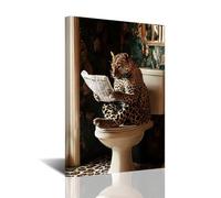 CXHOSTENT Leopard Bathroom Wall Art Funny Cheetah on Toilet Pictures Jungle Leopard Paintings Wildlife Botanical Canvas Prints for Restroom Decor Framed (Black, 24L x 16W)