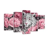 CXHOSTENT Leopard Canvas Wall Art 5 Piece Cheetah and Peony Floral Picture Black and White Wildlife Print African Wild Animals Painting for Office Decor Framed (Pink, 16x24inx2 16x32inx2 16x40inx1)