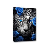 CXHOSTENT Leopard Canvas Wall Art - Blue Eyed Leopard and Flower Pictures - Black and White Animal Painting Print - Portrait Artwork Decor - Frame (30.00 x 45.00 cms)