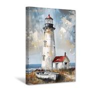 CXHOSTENT Lighthouse Canvas Wall Art Coastal Pictures Beach Painting Print Ocean Poster Vintage Seascape Bathroom Office Decor Framed (75L x 50W cm)