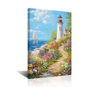 CXHOSTENT Lighthouse Pictures Wall Art Coastal Bathroom Decor Ocean Seascape Canvas Prints Beach Paintings Nautical Scenery Artwork Home Decor Framed (Navy, 20L x 16W)