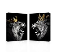 CXHOSTENT Lion and Lioness Canvas Wall Art 2 Pieces Lion King Couple with Gold Crown Poster Prints Black and White Wild Animal Pictures Framed (Lion-1, 40.00 x 60.00 cms x 2PCS)