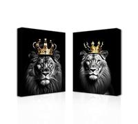 CXHOSTENT Lion and Lioness Canvas Wall Art 2 Pieces - Lion King Couple with Gold Crown Poster Prints - Black and White Wild Animal Pictures - Framed (30.00 x 40.00 cms x 2PCS)