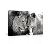 CXHOSTENT Lion and Lioness Canvas Wall Art - Black and White Lion Couple Picture Print - African Wildlife Animal Painting for Office Decor - Framed (50.00 x 75.00 cms)