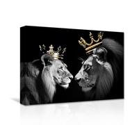 CXHOSTENT Lion and Lioness Canvas Wall Art - King and Queen Lion with Gold Crown Picture Prints - Black and White Animal Painting for Bedroom Home Decor (2, 60.00 x 90.00 cms)