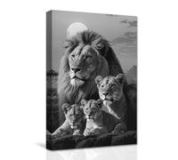 CXHOSTENT Lion Family Canvas Wall Art - Black and White Lion, Lioness and Two Cubs - African Wildlife Animal Paintings for Office Decor (50.00 x 75.00 cms)