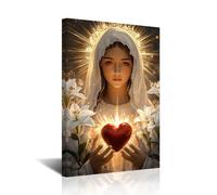 CXHOSTENT Mary Sacred of Heart Picture Wall Art Catholic Canvas Prints Virgin Mary Portrait Painting Christian Religious Artwork for Church Prayer Room Decor (White, 18L x 12W)
