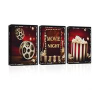 CXHOSTENT Movie Night Canvas Wall Art Film Reels Popcorn Lamplight Picture Prints Black and Red Artwork for Media Room Cinema Room Decor (Movie, 50.00 x 70.00 cms x 3PCS)
