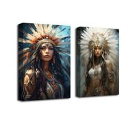 CXHOSTENT Native American Canvas Wall Art 2 Piece Indian Girl Women Headdress Feathered Picture Prints Colorful Indian Chief Tribal Painting Home Decor (B, 28.00 x 35.00 cms x 2PCS)
