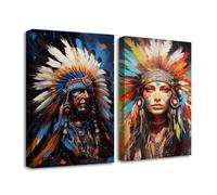 CXHOSTENT Native American Canvas Wall Art 2 Pieces Indian Woman Headdress Feathered Picture and Indian Chief Painting Prints for Home Decor Framed (B, 28.00 x 35.00 cms x 2PCS)