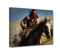 CXHOSTENT Native American Canvas Wall Art Indian Chief and Horseback Riding Warrior Painting Prints Tribal Theme Poster Vintage Artwork Home Decor (B, 30.00 x 45.00 cms)