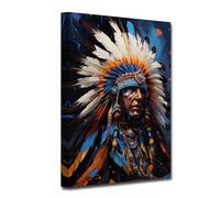 CXHOSTENT Native American Canvas Wall Art Indian Chief Headdress Feathered Picture Prints Retro Colorful Indian Chief Painting for Home Decor Framed (D, 40.00 x 60.00 cms)