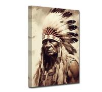 CXHOSTENT Native American Canvas Wall Art Indian Chief Headdress Feathered Picture Prints Retro Indian Chief Tribal Painting Black White Southwest Decor (D, 30.00 x 45.00 cms)