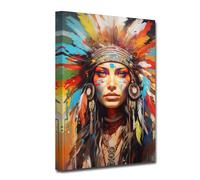 CXHOSTENT Native American Canvas Wall Art Indian Girl Headdress Feathered Picture Prints Abstract Colorful Woman Painting for Home Decor Framed (A, 40.00 x 60.00 cms)