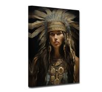 CXHOSTENT Native American Canvas Wall Art Indian Woman Headdress Feathered Picture Prints Beautiful Indian Girl Painting for Home Decor Framed (C, 40.00 x 60.00 cms)