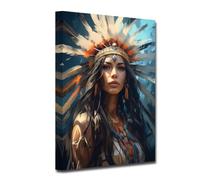 CXHOSTENT Native American Canvas Wall Art Indian Woman Headdress Feathered Picture Prints Retro Colorful Indian Chief Tribal Painting Southwest Decor (C, 30.00 x 45.00 cms)