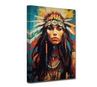 CXHOSTENT Native American Canvas Wall Art Indian Woman Headdress Feathered Picture Retro Colorful Indian Chief Tribal Painting Prints for Home Decor (A, 30.00 x 45.00 cms)