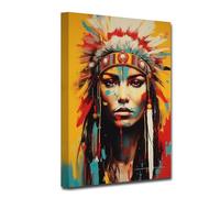 CXHOSTENT Native American Canvas Wall Art Indian Woman Headdress Feathered Picture Retro Colorful Indian Chief Tribal Painting Prints for Home Decor (B, 40.00 x 60.00 cms)