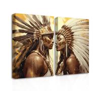 CXHOSTENT Native American Canvas Wall Art Set of 2 Vintage Feather Headdress Indians Men and Women Painting Prints Black Gold Couple Pictures Framed (A, 60.00 x 90.00 cms x 2PCS)