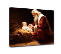 CXHOSTENT Nativity Canvas Wall Art Jesus in a Manger Painting Prints Santa Claus and Baby Jesus Picture Christ Artwork Christmas Scene Decor (Jesus-3, 30.00 x 45.00 cms)