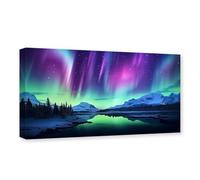 CXHOSTENT Northern Lights Canvas Wall Art Colorful Aurora Borealis Snow Mountain Lake Pictures Print Large Living Room Decor Frame (Aurora Borealis - 3, 45.00 x 90.00 cms)