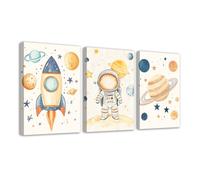 CXHOSTENT Nursery Astronaut Wall Art Space Planets Theme Canvas Painting 3 Piece Outer Space Picture Rocket Spaceman Wall Decor for Toddler Boys Child Kid Frame (Beige, 11x14inchx3 Pieces)