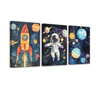 CXHOSTENT Nursery Astronaut Wall Art Space Planets Theme Canvas Painting 3 Piece Outer Space Picture Rocket Spaceman Wall Decor for Toddler Boys Child Kid Frame (Black, 12x16inchx3 Pieces)
