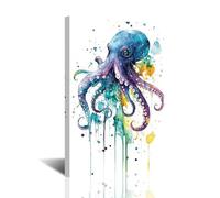CXHOSTENT Ocean Animals Wall Art Blue Bathroom Decor Octopus Watercolor Canvas Prints Marine Life Paintings Coastal Artwork for Kids Room Beach House (Indigo, 18L x 12W)
