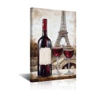 CXHOSTENT Paris Wine Canvas Wall Art Kitchen Decor Eiffel Tower View with Wine Bottle Paintings Vintage French Rustic Artwork for Dining Room Frame (Gray, 20L x 16W)