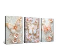 CXHOSTENT Pink and Gold Butterfly Canvas Wall Art 3 PCS Girls Room Wall Decor Butterflies and Floral Pictures Romantic Poster Bedroom Decor Framed (40x60cmx3)