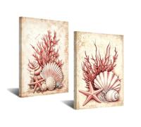 CXHOSTENT Red Coral Canvas Wall Art Vintage Coastal Bathroom Decor | Coastal Wall Art 2Pcs Coral Starfish Seashell Painting Retro Nautical Beach Artwork Ocean Theme Decor Framed (16"x24"x2)