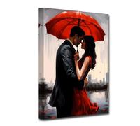 CXHOSTENT Romantic Couple Wall Art Street Lovers Kissing with Red Umbrella Painting Abstract Canvas Prints Paris Artwork For Girls Room Decor Framed (C, 30.00 x 45.00 cms)