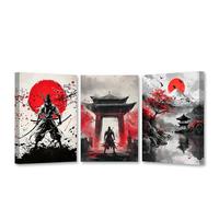 CXHOSTENT Samurai Canvas Wall Art Japanese Pictures Wall Decor 3 Pieces Bushido Poster Cherry Blossoms Painting Living Room Office Decor Framed (40x60cmx3)