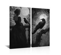 CXHOSTENT Set of 2 Gothic Canvas Wall Art Woman and Black Crow Picture Wall Decor Goth Raven Painting Prints Dark Artwork for Bedroom Decor Framed (Black, 10x20inchx2 Pieces)