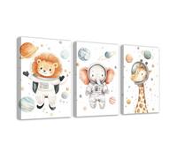 CXHOSTENT Space Animals Nursery Canvas Wall Art 3 Piece Lion Elephant Giraffe Picture Cute Safari Astronauts Kids Painting Prints for Baby Boys Girls Room Decor (11x14inchx3 Pieces)