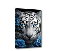 CXHOSTENT Tiger Canvas Wall Art - Blue Eyed Tiger and Flower Pictures - Black and White Animal Painting Print - Portrait Artwork Decor Frame (2, 30.00 x 45.00 cms)