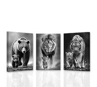 CXHOSTENT Wild Animal Canvas Wall Art Black and White Animal Pictures 3 Pieces Lion Tiger Bear with Cubs Print Living Room Decor Framed (30x40cmx3)