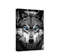 CXHOSTENT Wolf Canvas Wall Art - Black and White Animal Painting Print with Blue Eyes - Large Living Room Decor - Frame (50.00 x 75.00 cms)